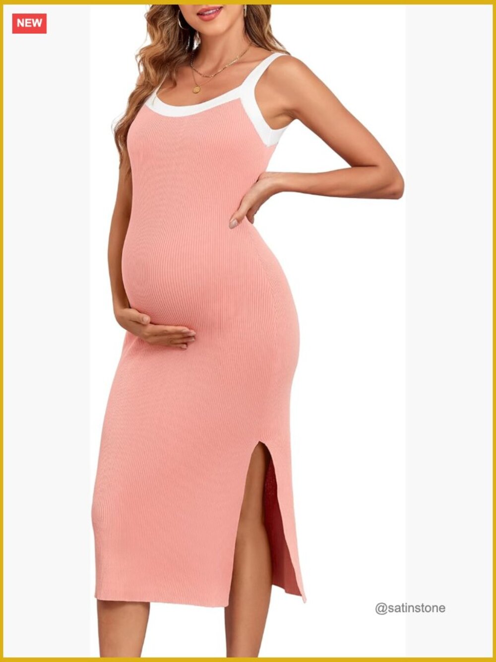 Maternity Dress Sleeveless Square Neck Bodycon Rib Knit Side Slit Baby Shower